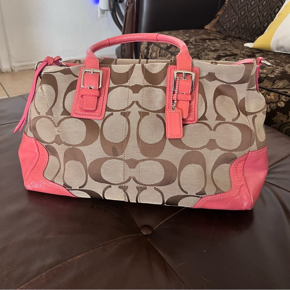 Coach Brown Signature Canvas Tote with Pink Leather Trim